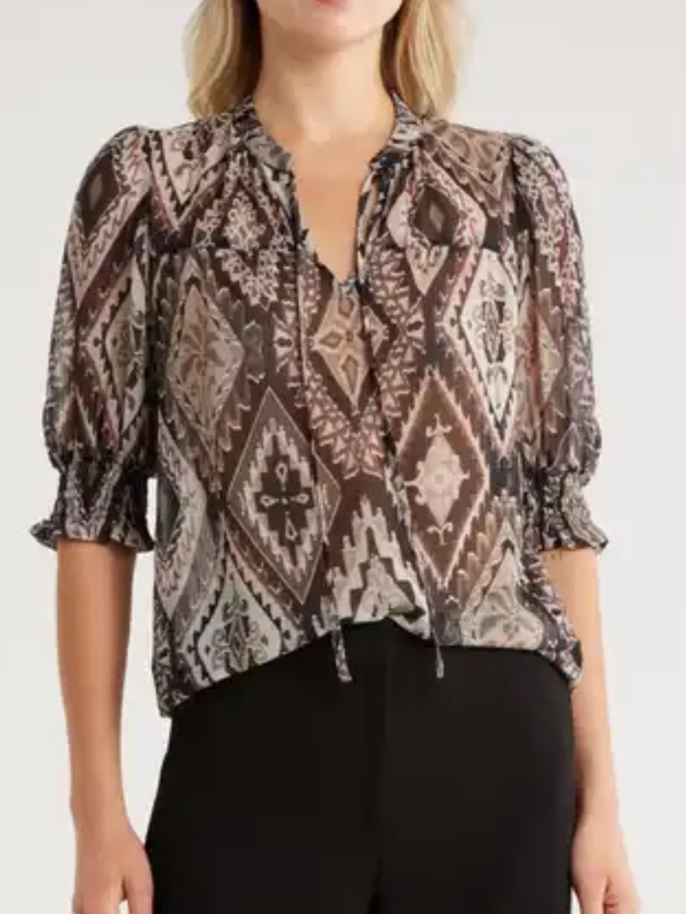 Jason Wu Black Taupe & Cream Geometric Tie-Neck Blouse
